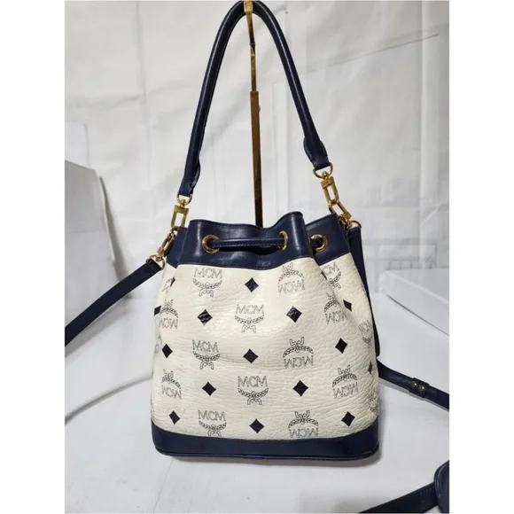 Authentic MCM 2way Visetos Small Drawstring Shoulder Bag White/Navy Blue - Picture 4 of 16
